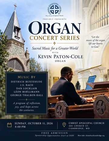 Flyer for the Sacred Music for a Greater World organ concert on October 11, 2026